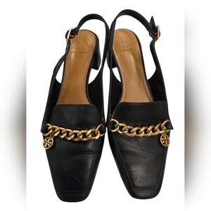 Tory Burch Mini Benton Charm Slingback Loafers in black leather with gold chain